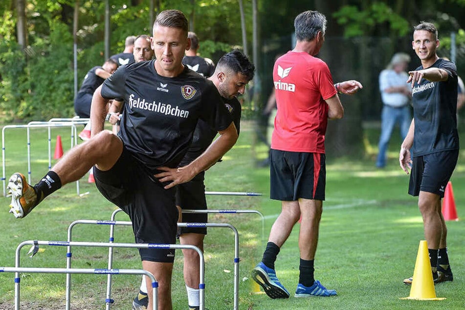 Seguin voll konzentriert beim Training (li.) und beim Scherzen mit Trainer Uwe Neuhaus (re.).