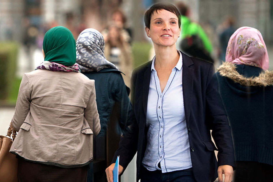 Drei Frauen mit Kopftuch sind unterwegs. Mittendrin steht die aus der AfD ausgetretene Frauke Petry.