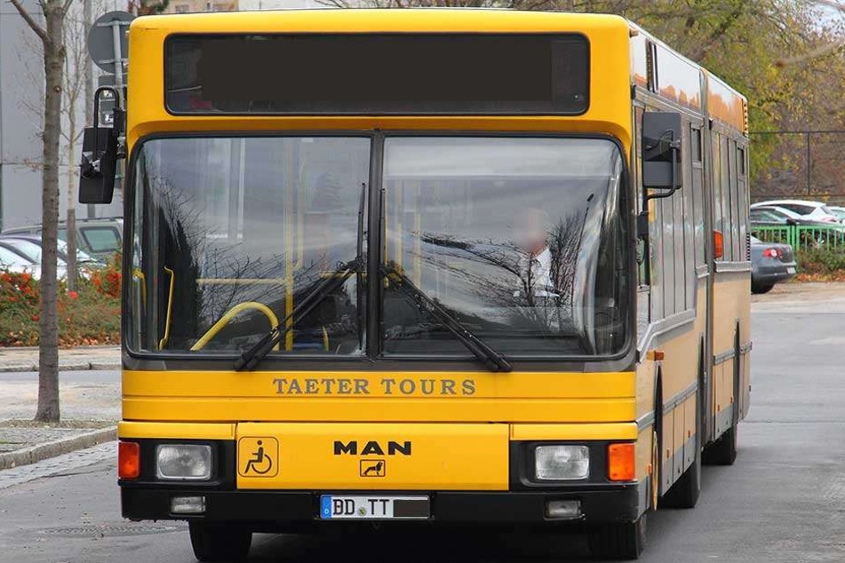 Ein Bus von Taeter Tours, der in den gelben Farben der Dresdner Verkehrsbetriebe (DVB) unterwegs ist.