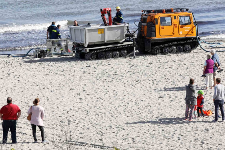 Spaziergänger gucken zu, wie die Helfer mit einem Spezialfahrzeug Geräte zur Aufnahme von angespültem Öl aufbauen.