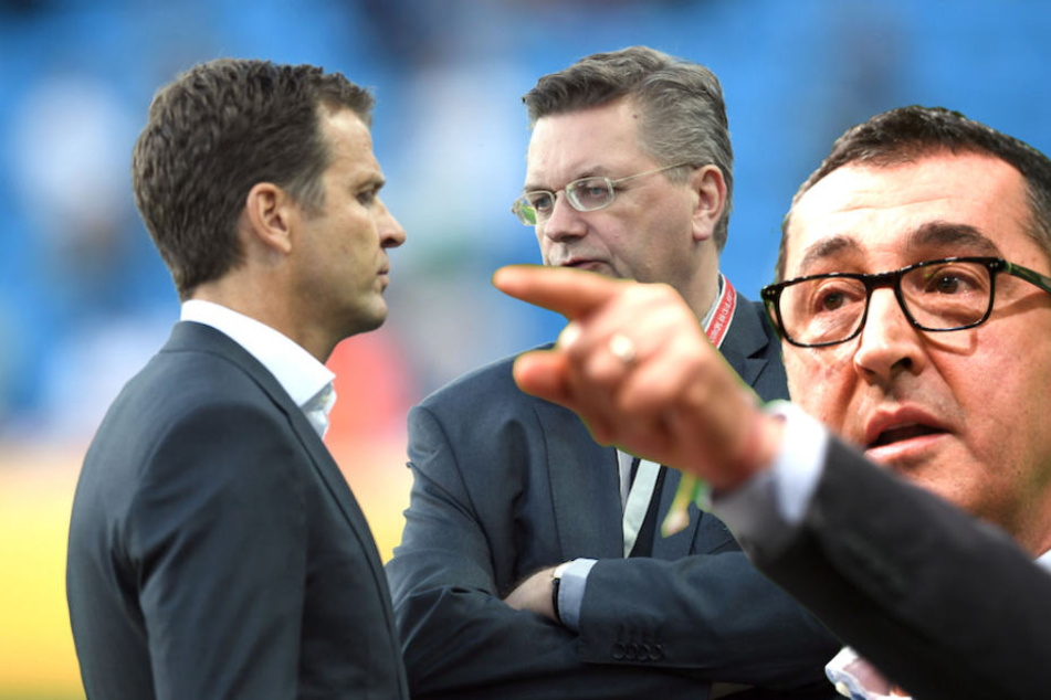 Cem Özdemir wirft den DFB-Herren Bierhoff und Grindel "verbandsinterne Feigheit" vor. (Bildmontage)