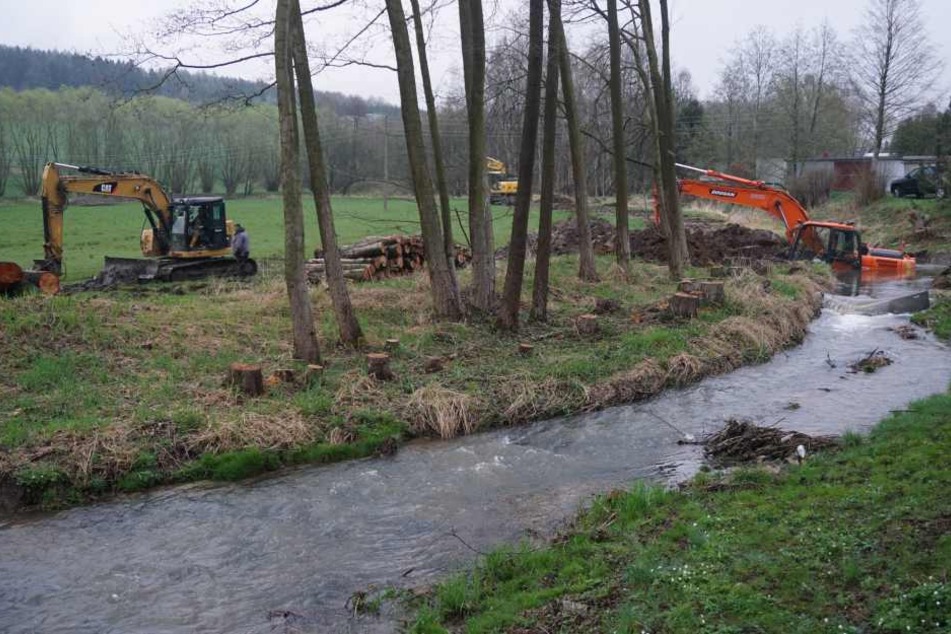 In Weigsdorf-Köblitz rutschte ein Bagger während Bauarbeiten in das Cunewalder Wasser.