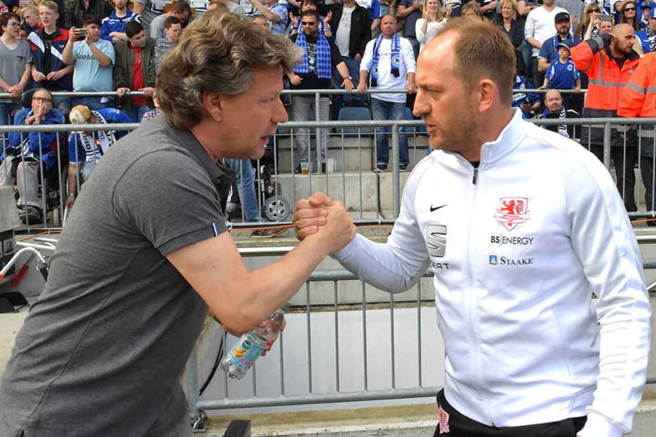 Standen sich in der letzten Saison schon gegenüber: DSC-Trainer Jeff Saibene (li.) und Torsten Lieberknecht aus Braunschweig.