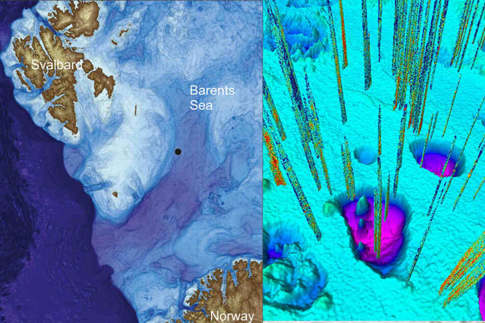Die Computergrafik zeigt das Gebiet, in dem Forscher der norwegischen Universität Tromsø am Grund der Barentssee zwischen Spitzbergen und Norwegen zahllose trichterförmige Vertiefungen fanden.