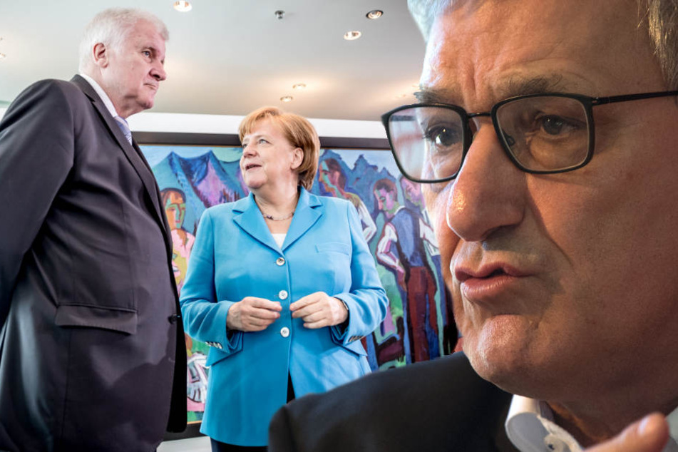 Riexinger sieht keine Lösung im Asylstreit und sieht den Sturz Merkels als beschlossene Sache. (Bildmontage)