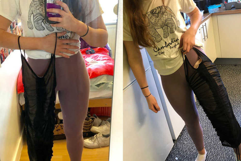Das bestellte Kleid passt gerade mal dem Bein der Studentin.