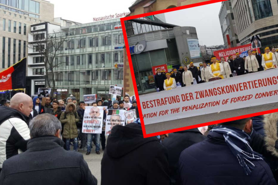 Ein buntes Stimmengewirr aus zwei verschiedenen Demonstrationen ist momentan an der Hauptwache zu hören.