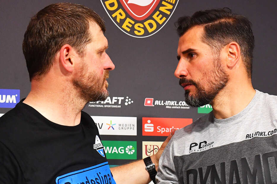SGD-Coach Cristian Fiel (r.) beglückwünschte seinen Trainerkollegen Steffen Baumgart zum Aufstieg.
