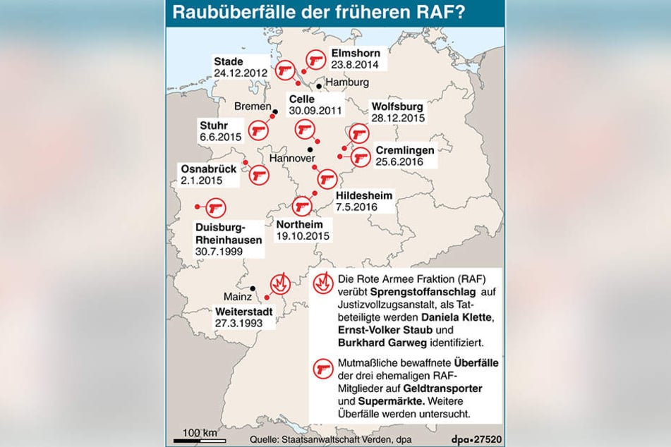 Deutschlandkarte zu Raubüberfällen früherer Mitglieder der linksterroristischen Roten Armee Fraktion.