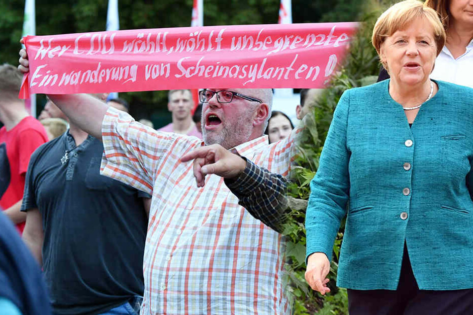 Rund 30 Menschen riefen während des Wahlkampfauftaktes der Landes-CDU auf dem Gelände der Landesgartenschau in Apolda Parolen.