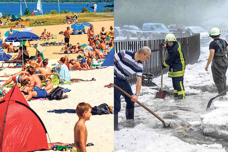 Regelmäßig unregelmäßig: Während in Eibenstock bei einem Unwetter Hagel niederging (F.re.), herrschte an der Blauen Lagune am Berzdorfer See herrlichstes Badewetter.