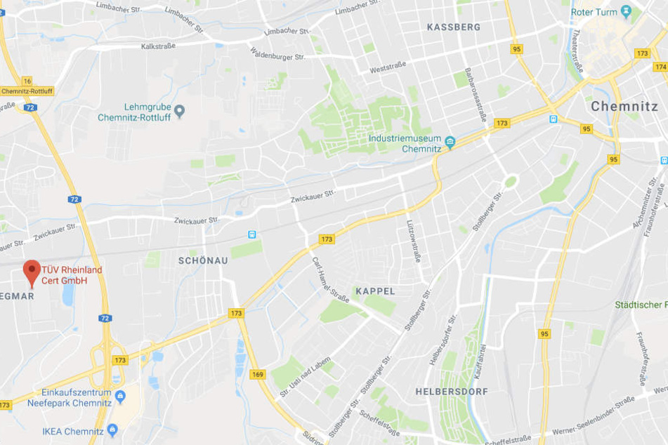 Der Standort der TÜV Rheinland Akademie Chemnitz (links markiert).