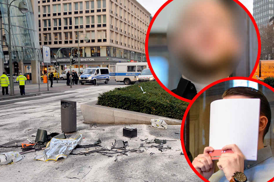 Die Angeklagte Hamdi H. (oben) und Marvin N. (unten, halb verdeckt) im Gerichtssaal des Landgerichtes Berlin. Im Hintergrund der Schauplatz des folgenschweren Autorennens.