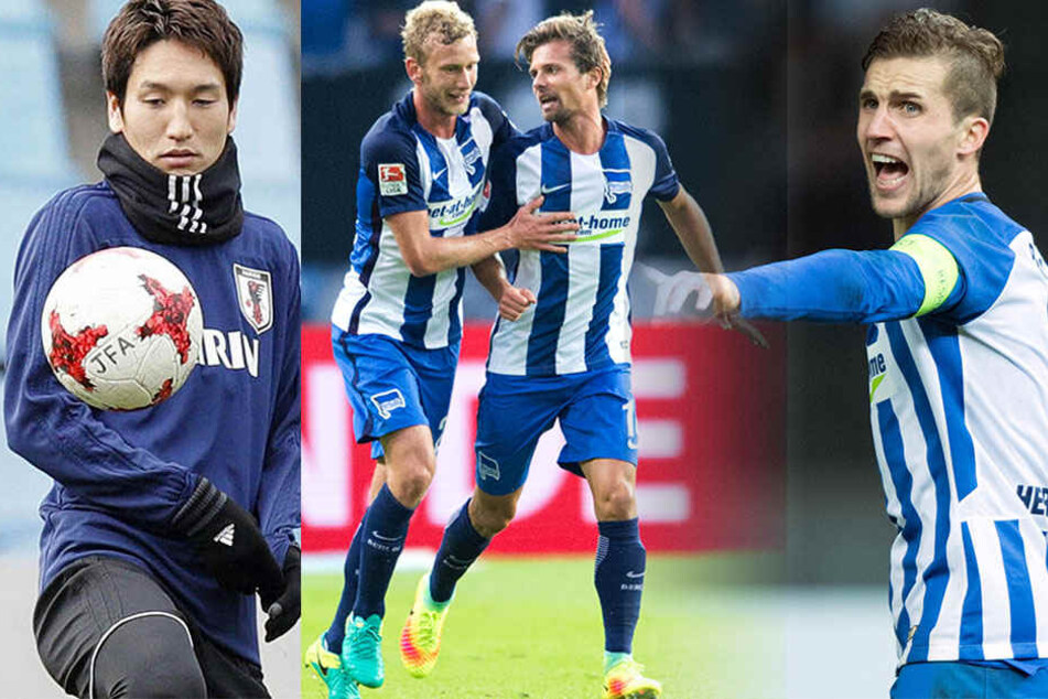 Die Hertha-Profis Genki Haraguchi (l), Fabian Lustenberger, Valentin Stocker und Peter Pekarik (r).