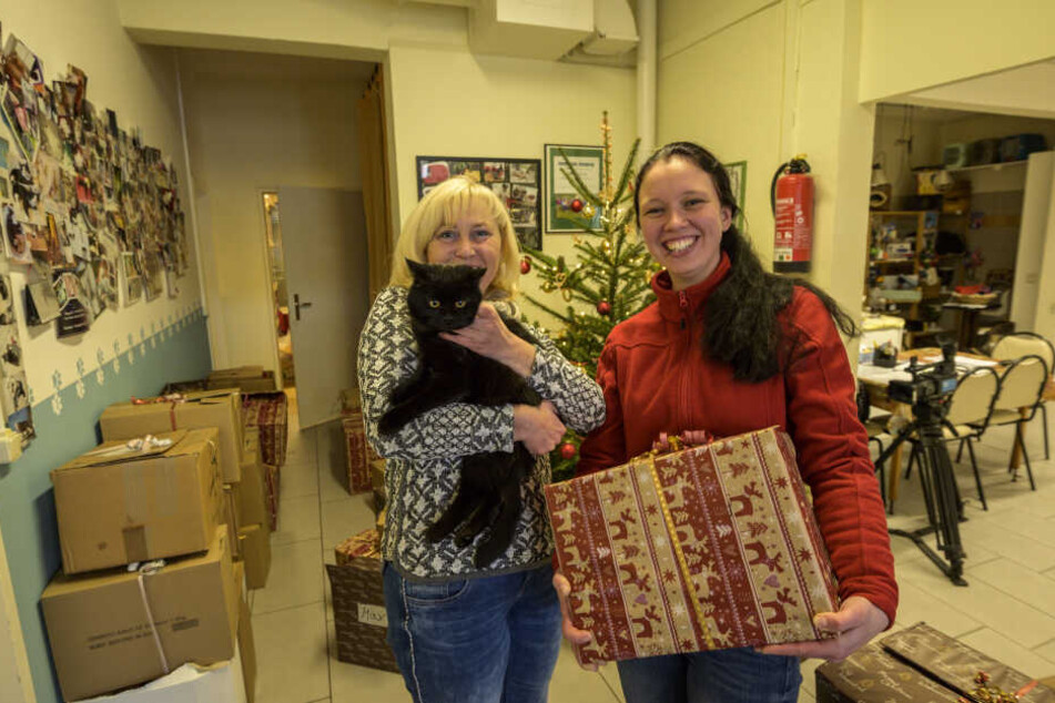 llka Grundmann (52) und Kater Boomer vom Tierasyl freuen sich gemeinsam mit Sandra Koch (30) vom Gartenfachmarkt Richter über die vielen Spenden.
