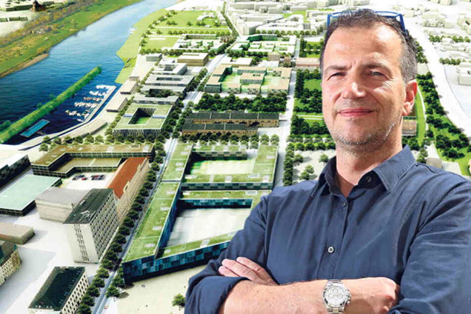 Thomas Dathe (49), Chef von „Unser Schönes Dresden“. Eine Visualisierung der „Hafen City“ zeigt die möglichen Ausmaße des
Projekts.