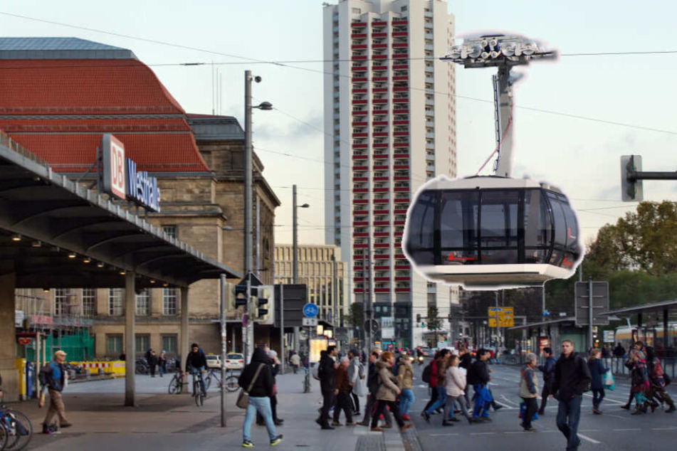 So könnte die Seilbahn aussehen, die durch Leipzig schwebt. (Bildmontage)