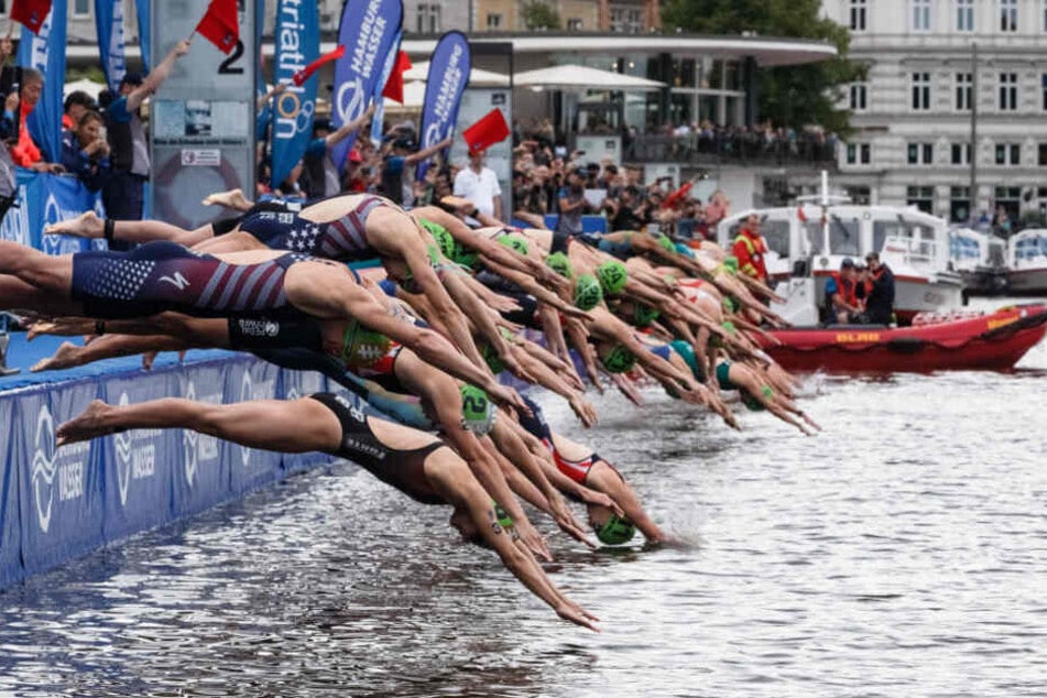 Die Sportlerinnen springen beim Start in die Alster.