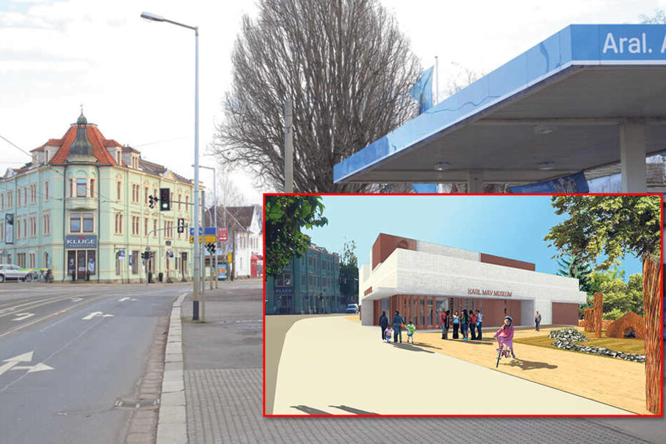 Die heutige Tankstelle in Radebeul muss der „Villa Winnetou“ weichen.