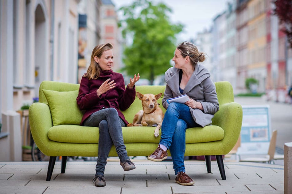 Interview auf dem grünen Sofa: Anna Cavazzini (36, Grüne), Kandidatin für das EU-Parlament (l.), im Gespräch mit MOPO-Redakteurin Julia Zube (mit Hund).
