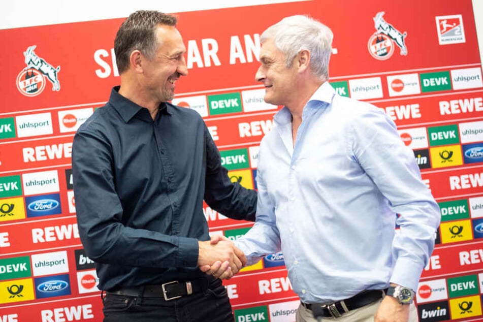 Achim Beierlorzer (51) und Armin Veh (58) zeigten sich am Donnerstagmittag gut gelaunt im Geißbockheim.
