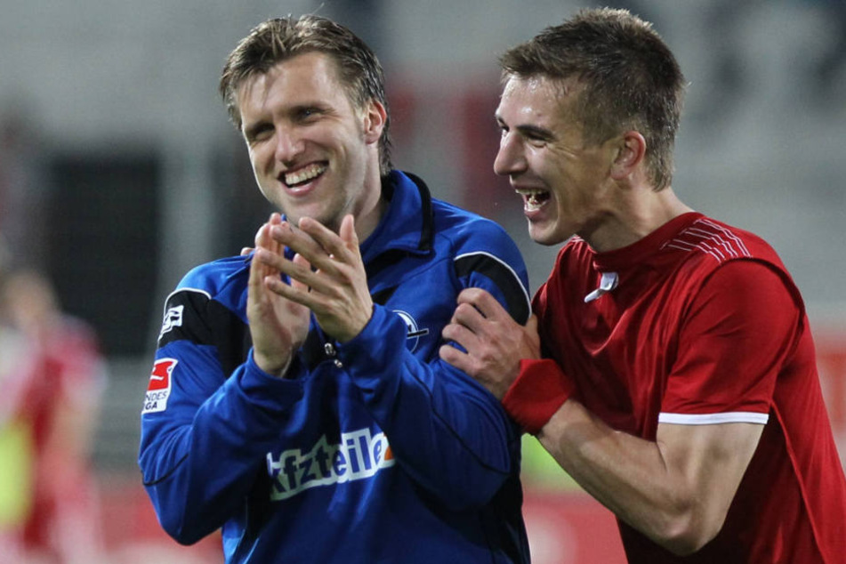 Zusammen sind Krösche (l.) und Hünemeier als Spieler in der Saison 2013/14 in die erste Liga aufgestiegen.