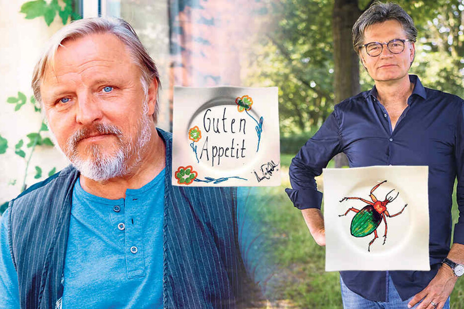 Moderator Peter Escher (62, re.) verzierte seinen Teller mit einem farbenfrohen Insekt. „Guten Appetit“ wünscht TV-Kommissar Axel Prahl (56) allen Essern auf seinem Teller.