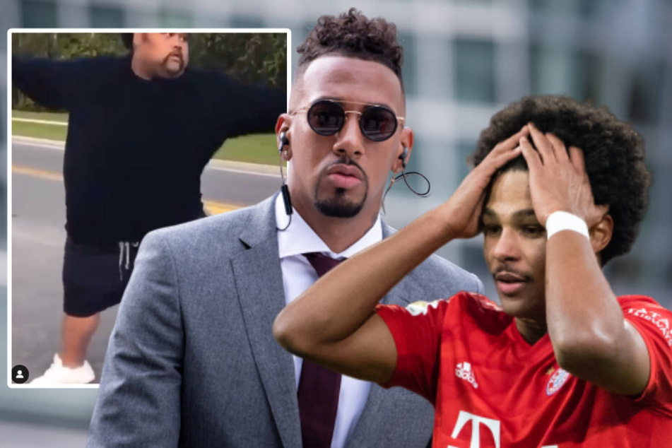 Jérôme Boateng (31, m) vergleicht seinen Kollegen Serge Gnabry (24, r) mit dem Mann im Video (l). (Bildmontage)