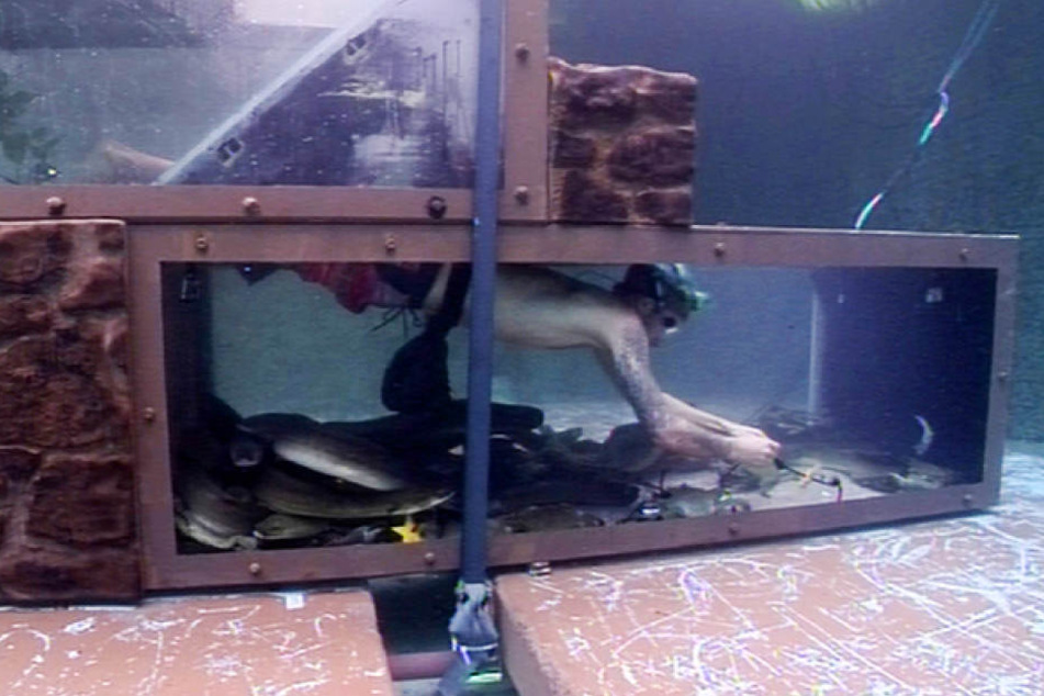 Nachdem Matthias kläglich scheiterte, taucht Daniele erfolgreich durch die Unterwasser-Tunnel.