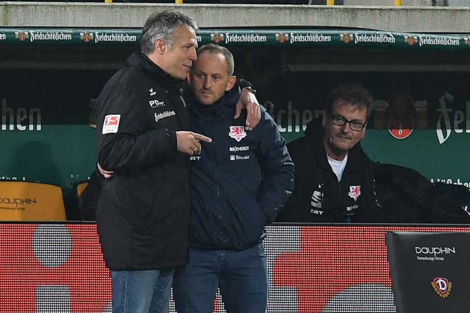Zwei Ex-Profis unter sich: Beim Hinspiel nahm Dynamo-Trainer Uwe Neuhaus seinen Braunschweiger Kollegen Torsten Lieberknecht wie ein väterlicher Freund in den Arm.