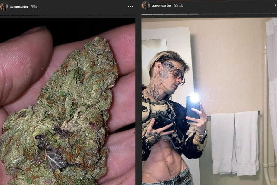 Schockierende Bilder von Aaron. Links der Post mit der Cannabis-Blüte, rechts ein Foto, in dem er stolz sein Sixpack präsentiert.