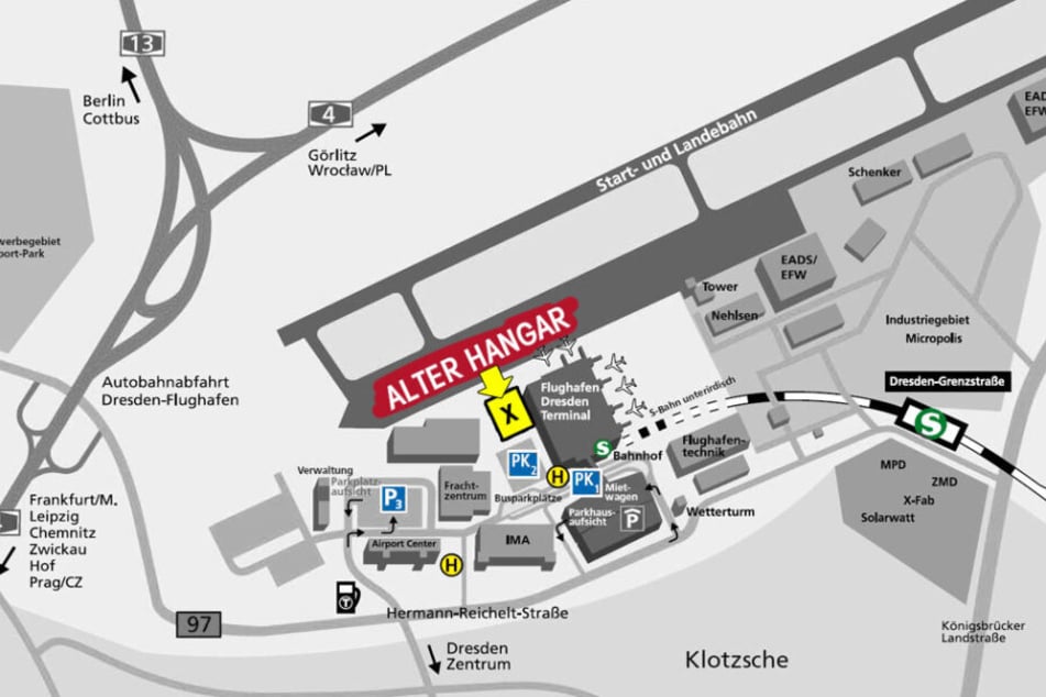 Hier befindet sich der alte Hangar, direkt am Dresdner Airport.