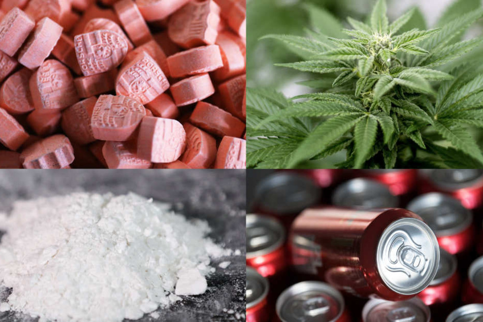 Immer mehr Menschen konsumieren einen gefährlichen Drogenmix: Ecstasy (oben links), Cannabispflanzen (rechts), Kokain (unten links) und Bierdosen (rechts).