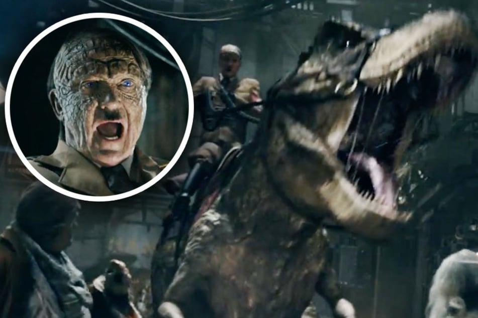 Regisseur Vuorensola legt nochmal eine Schippe drauf und lässt Hitler einen T-Rex reiten.