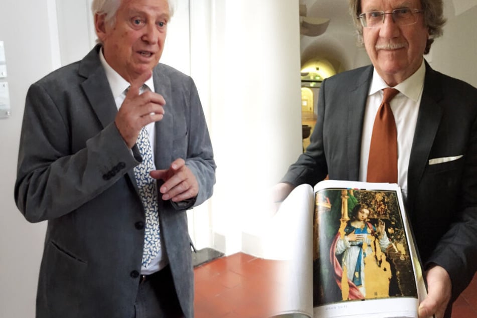 Ex-Olympiasieger Armin Hary im Oberlandesgericht, sein Anwalt präsentiert das Gemälde, um das seit 1980 gestritten wird.