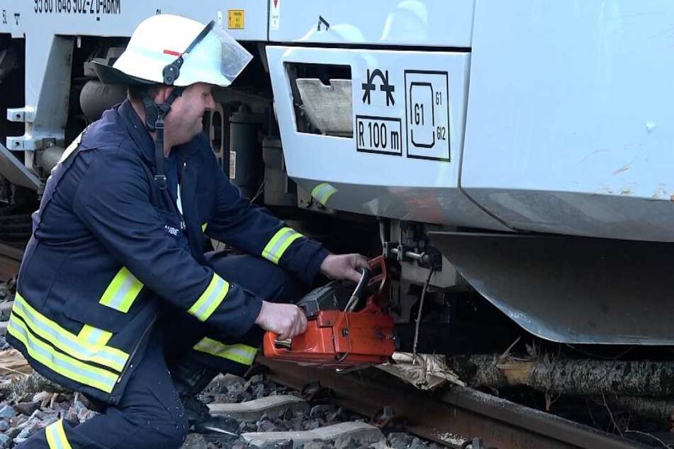 Die Feuerwehr Bülstringen musste den unter dem Zug verkeilten Baum mit Kettensägen zerkleinern.