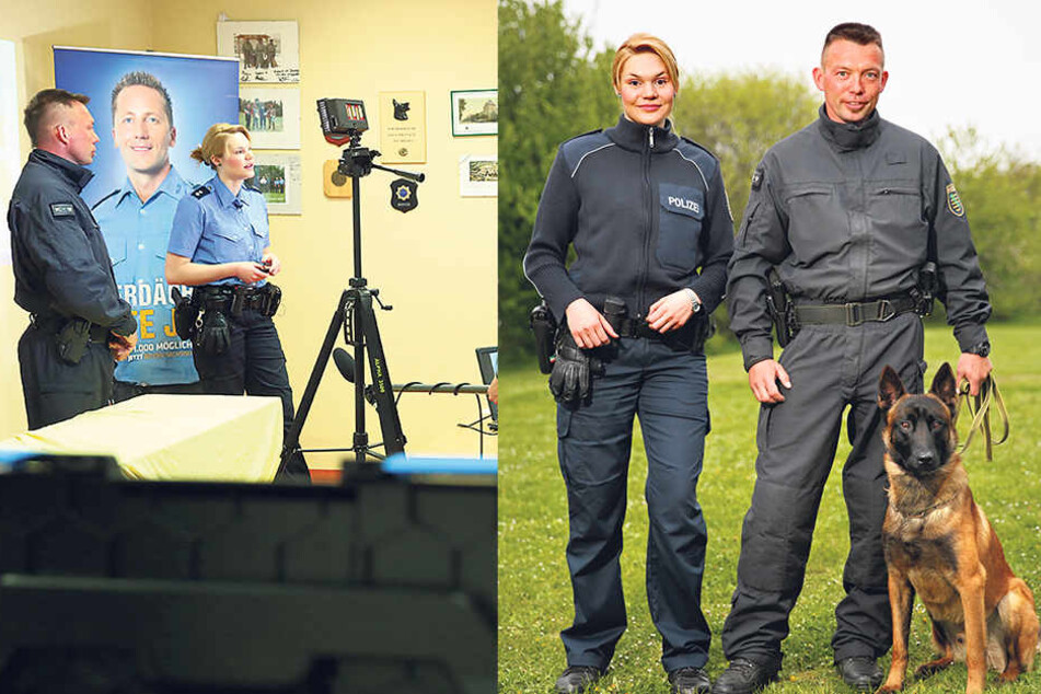 Sie beantworteten
die Fragen: Die
Oberkommissarin
und Berufsberaterin
der Polizei
in Chemnitz Julia
Apel (27) und Hundeführer
Carsten
Böhm (39) mit
„Thor“ (2).