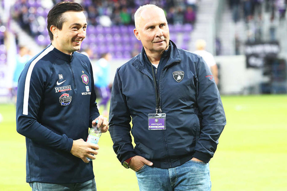 Zeitweise hing der Haussegen bei den "Veilchen" ein wenig schief, doch nach dem Sieg zuletzt gegen Holstein Kiel können Coach Daniel Meyer (r.) und FCE-Boss Helge Leonhardt jetzt wieder lachen.