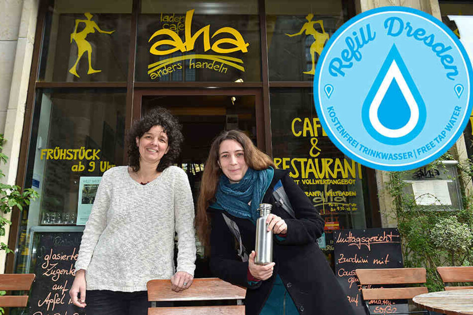 Bei Claudia Greifenhahn (49, l.) im Ladencafé aha gibt es kostenloses Wasser
zum Mitnehmen. Organisiert wird das Projekt von Kerstin Wagner (38).