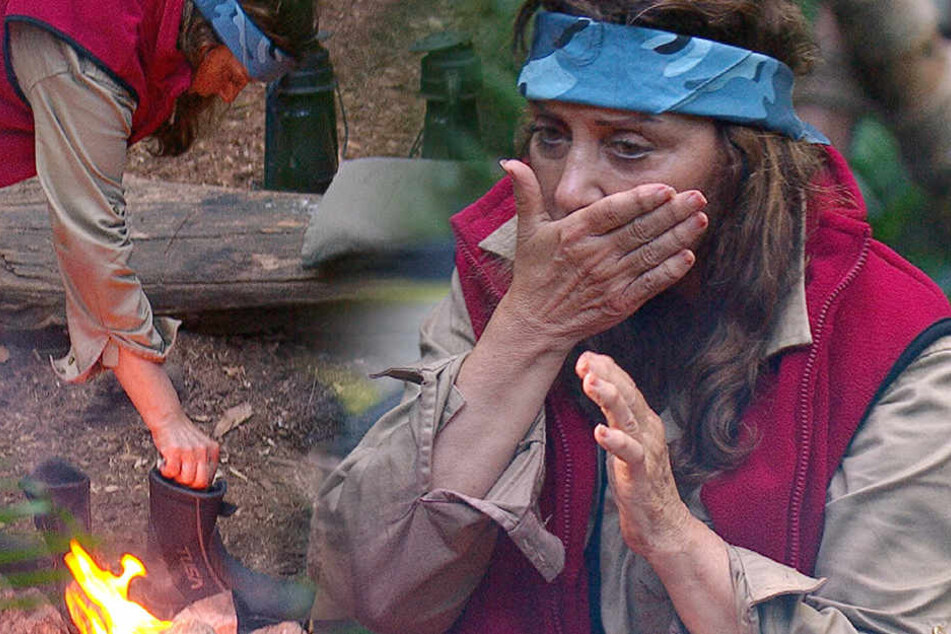 Pony-Tina hat ihre Wasserschuhe zum Trocknen ans Lagerfeuer gestellt (li.). Als sie fühlen will, ob die Schuhe schon trocken sind, verbrennt sie sich an den heißen Stiefeln.