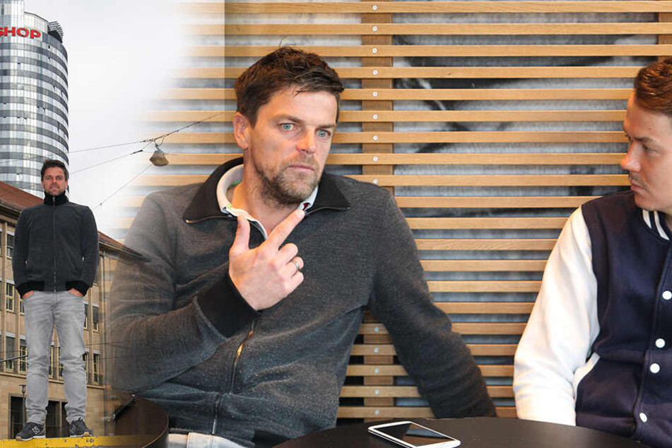 Ziegner im Gespräch mit Reporter Michael Thiele und vorm "JenTower".