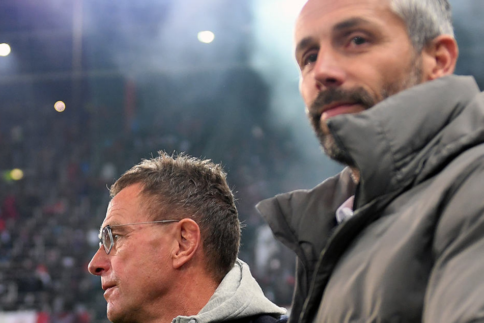 Der gebürtige Leipziger Marco Rose (r.) gewann auch das zweite Dosen-Duell gegen RB Leipzig um Ralf Rangnick (l.).