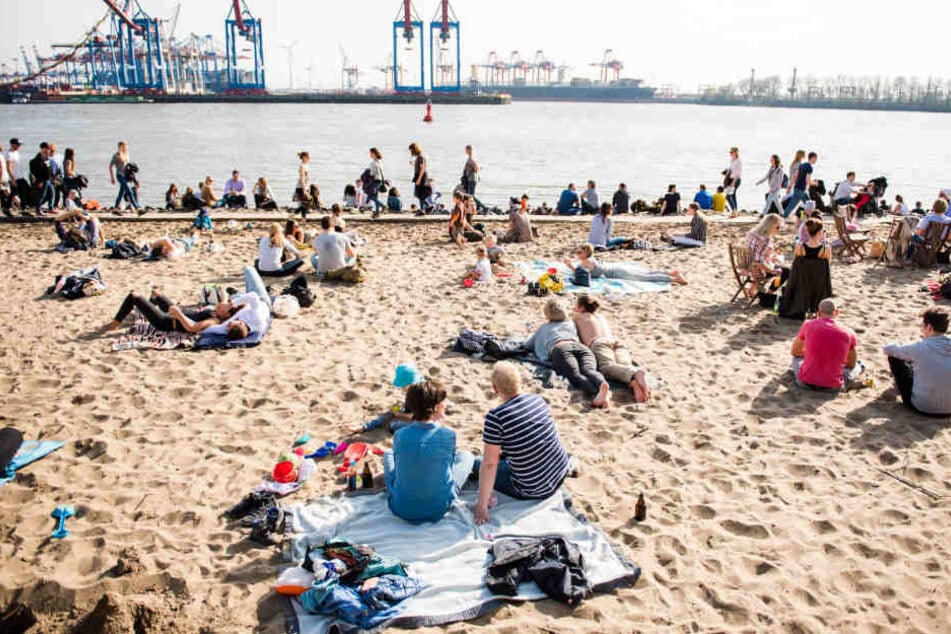Sonnenhungrige genießen das Frühlingswetter am Elbstrand in Hamburg.