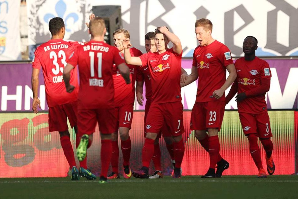 Leipziger Torjubel nach dem 0:1 durch Marcel Sabitzer.