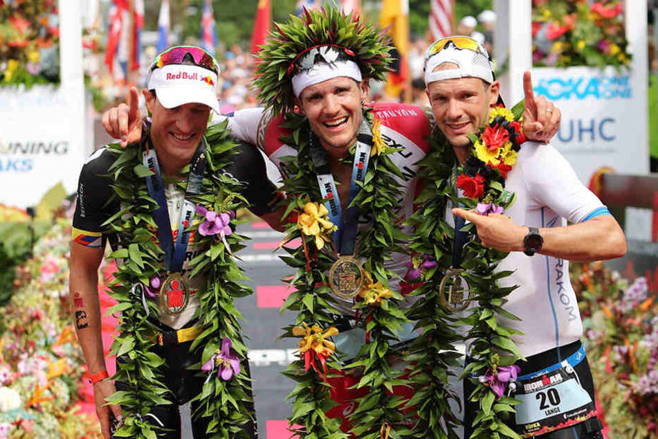 v.l.n.r. Sebastian Kienle (32), Jan Frodeno (35) und Patrick Lange (30) besetzen das Siegertreppchen.