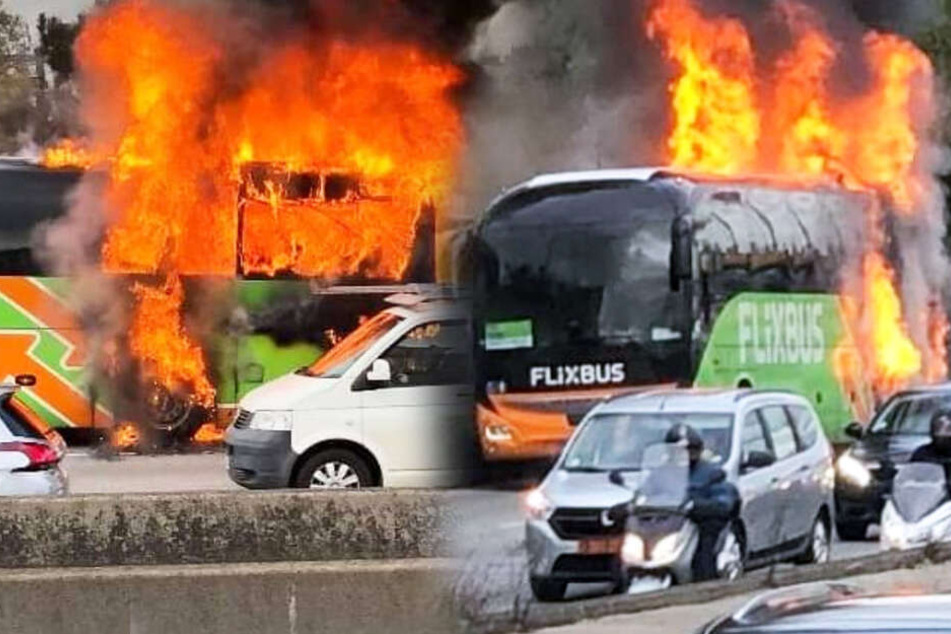 Ein Flixbus steht auf der Stadtautobahn in Paris lichterloh in Flammen.