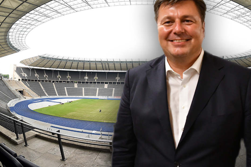Andreas Geisel ist guter Dinge. Im Olympiastadion soll 2014 der internationale Ball rollen. (Bildmontage)