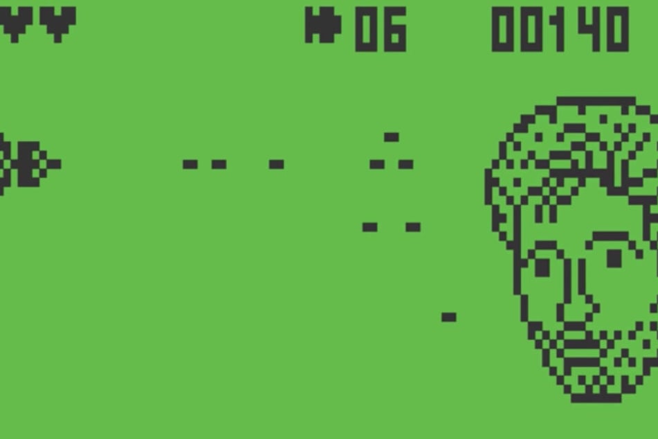 Am Ende des Levels ballert das Raumschiff auf einen Pixel-Palmer. (Screenshot)