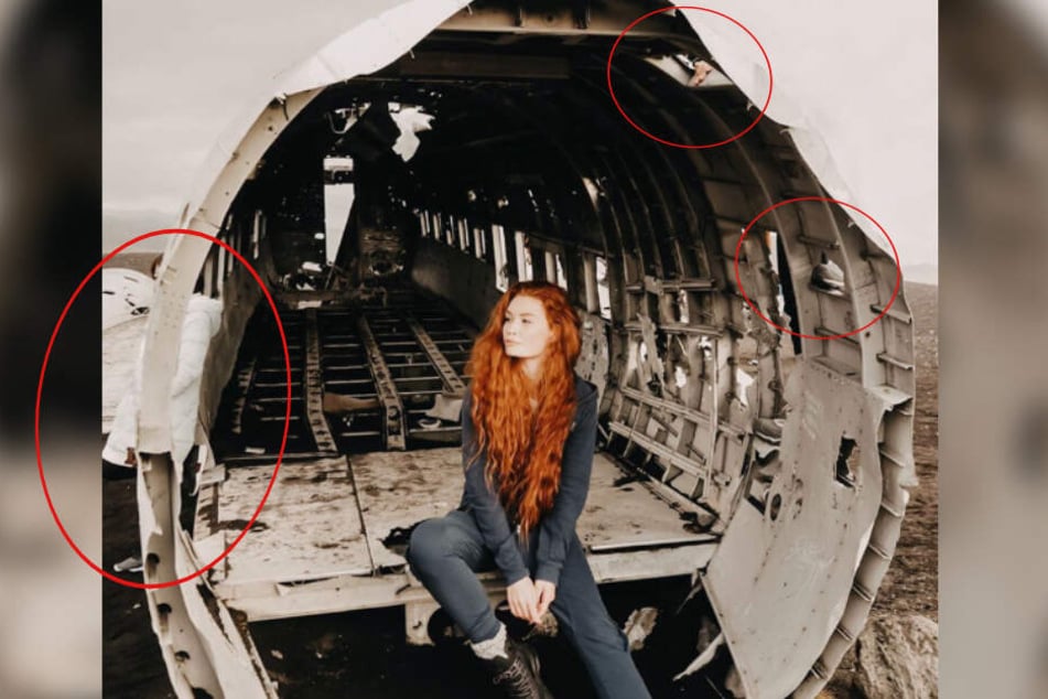 Jana Heinisch posiert in dem Flugzeugwrack auf Island: Doch es haben sich Fehler eingeschlichen.