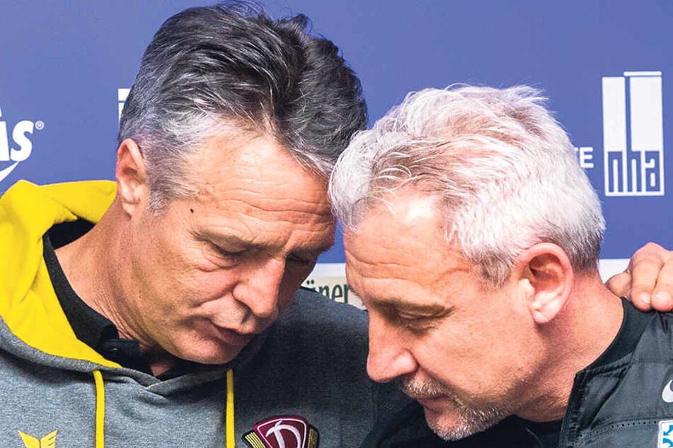 Neuhaus (l.) tröstete seinen Kollegen Pavel Dotchev: „Ich weiß, wie sich das anfühlt.“